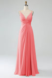 White A-Line Spaghetti Straps Pleated Chiffon Long Bridesmaid Dress