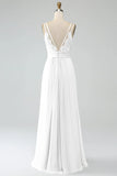 White A-Line Spaghetti Straps Pleated Chiffon Long Bridesmaid Dress
