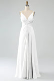 White A-Line Spaghetti Straps Pleated Chiffon Long Bridesmaid Dress