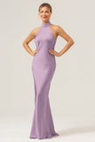 Champagne Sheath Halter Long Bridesmaid Dress With Slit