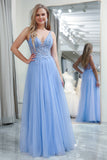Light Blue A-Line V Neck Tulle Ball Dress With Appliques