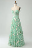 Green A Line Sweetheart Printed Corset Ball Dress with Slit