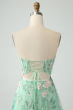 Green A Line Sweetheart Printed Corset Ball Dress with Slit