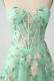 Green A Line Sweetheart Printed Corset Ball Dress with Slit