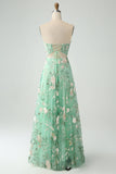 Green A Line Sweetheart Printed Corset Ball Dress with Slit