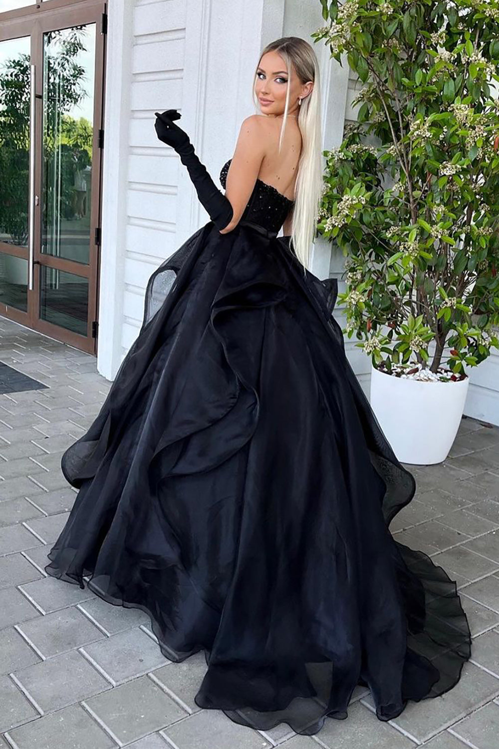 Black A Line Sweetheart Strapless Ball Gown Evening Dress