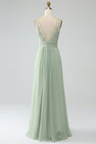 Dusty Sage A-Line Spaghetti Straps Pleated Chiffon Long Bridesmaid Dress