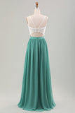 Eucalyptus Open Back Boho Chiffon Long Bridesmaid Dress with Lace