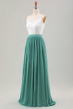 Eucalyptus Open Back Boho Chiffon Long Bridesmaid Dress with Lace