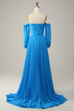 A Line Off the Shoulder Blue Long Ball Dress With Beading