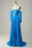 A Line Off the Shoulder Blue Long Ball Dress With Beading