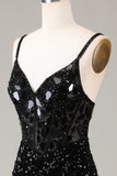 Glitter Mirror Sequins Black Corset Ball Dress with Slit