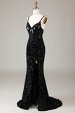 Glitter Mirror Sequins Black Corset Ball Dress with Slit