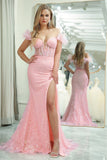 Mermaid Off the Shoulder Sparkly Pink Feathers Corset Ball Dress With Slit