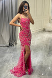 Hot Pink Sequins & Beaded Mermaid Ball Dress with Slit