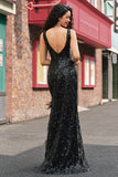 Sparkly Black Depp V-neck Mermaid Long Prom Dress with Feathers