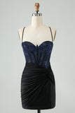 Glitter Black Bodycon Spaghetti Straps Corset Homecoming Dress with Beading