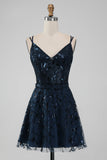 Navy A Line Spaghetti Straps Sparkly Sequins Short Homecoming Dress