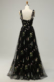 Black A Line  Long Ball Dress With Embroidered Floral