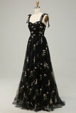 Black A Line  Long Ball Dress With Embroidered Floral