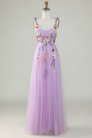 A Line Purple Spaghetti Straps Ball Dress With 3D Flowers