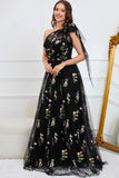A-Line One Shoulder Black Long Ball Dress With Embroidery