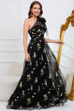 A-Line One Shoulder Black Long Ball Dress With Embroidery