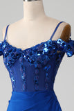 Royal Blue Beaded Corset Prom Dress with Slit