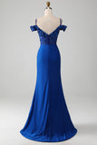 Royal Blue Beaded Corset Prom Dress with Slit