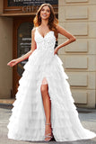 A-Line Spaghetti Straps White Tiered Wedding Dress with Slit