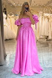 Puff Sleeves Hot Pink Ball Dress with Ruffles