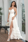 Simple White Ruffled Chiffon Corset Engagement Party Dress with Slit