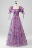 Purple A Line Print Lace-Up Long Ball Dress With Puff Sleeves