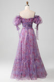 Purple A Line Print Lace-Up Long Ball Dress With Puff Sleeves