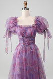 Purple A Line Print Lace-Up Long Ball Dress With Puff Sleeves