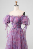 Purple A Line Print Lace-Up Long Ball Dress With Puff Sleeves