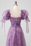 Purple A Line Print Lace-Up Long Ball Dress With Puff Sleeves