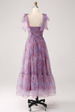 Purple Printed A Line Pleated Long Prom Dress