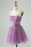 Purple A Line Spaghetti Straps Floral Corset Short Homecoming Dress