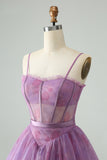 Purple A Line Spaghetti Straps Floral Corset Short Homecoming Dress