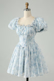 Sky Blue A Line Square Neck Print Floral Ruffle Short Homecoming Dress with Puff Sleeves