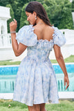 Sky Blue A Line Square Neck Print Floral Ruffle Short Homecoming Dress with Puff Sleeves