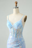 Glitter Light Blue Tight Spaghetti Straps Short Homecoming Dress with Sequins