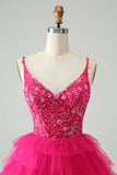 Hot Pink A Line Spaghetti Straps Tulle Tiered Short Homecoming Dress