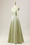 Dusty Sage A Line Long Satin Bridesmaid Dress