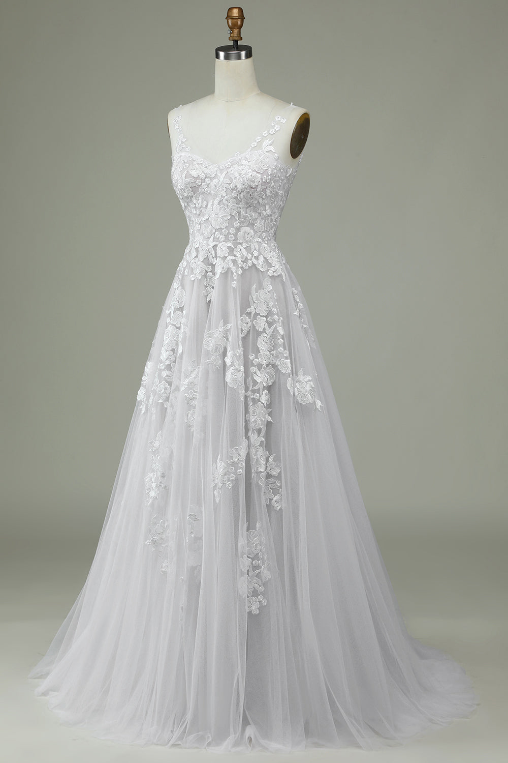 Ivory Tulle Backless Wedding Dress with Lace