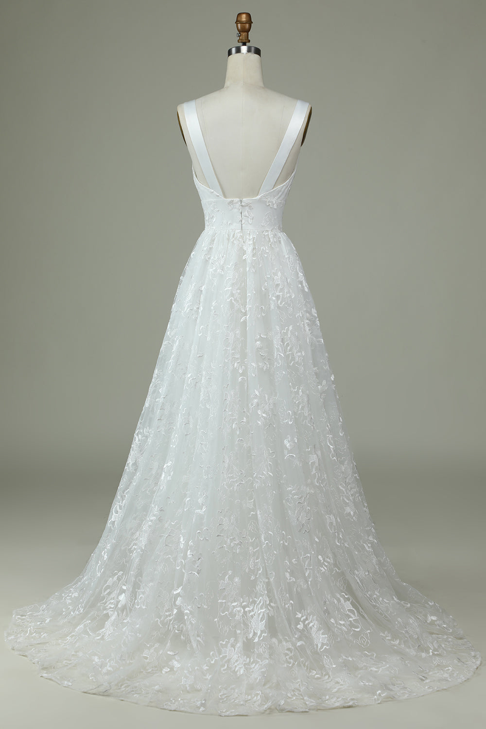 Ivory Lace V-Neck Wedding Dress with Slit