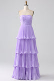 Strapless A-Line Lilac Pleated Chiffon Plus Size Long Bridesmaid Dress with Ruffles