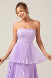 A-Line Sweetheart Tiered Chiffon Long Lilac Bridesmaid Dress with Pleats