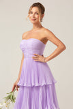 A-Line Sweetheart Tiered Chiffon Long Lilac Bridesmaid Dress with Pleats